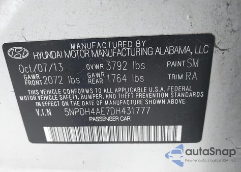 2013 Hyundai Elantra Gls z USA, uszkodzony, nr VIN 5NPDH4AE7DH431777